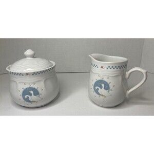 Goose Sugar Bowl w/ Lid & Creamer Set Stoneware Moonlight Country Cottage Farm
